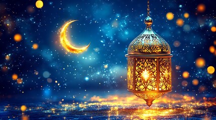 A golden lantern with intricate Islamic filigree patterns, glowing warmly against a backdrop of a calm, starry night sky