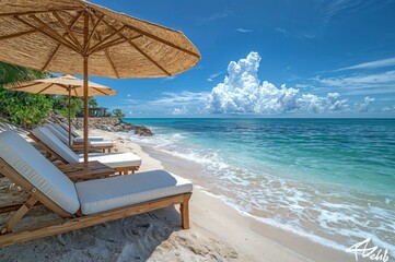 Obraz premium Sun loungers line the pristine sandy beach, inviting relaxation as gentle waves lap at the shore. Fluffy clouds drift lazily in the vibrant blue sky, creating a serene atmosphere.