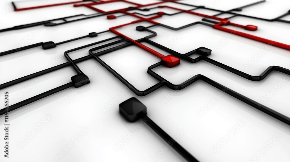Poster 3d rendered image of black and red interconnected lines on a white surface, forming an abstract circ