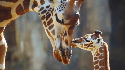 Obraz premium A touching moment between a mother giraffe and her calf, showcasing their bond in a natural setting.