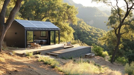 A serene view of an off-grid tiny house in the forest, powered by solar panels, surrounded by nature, peaceful vibes 