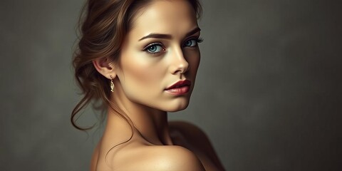 Moody portrait of a stunning young woman exuding elegance and grace against a dramatic background, stunning, beautiful, background