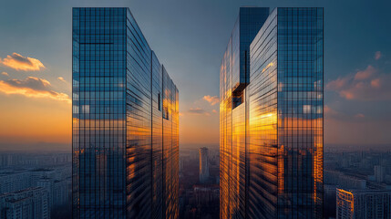 Skyscrapers with glass facades, golden hour, symmetrical composition