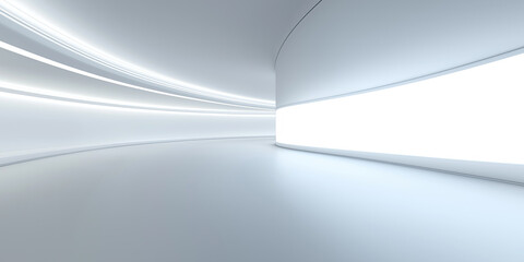 Empty space inside futuristic room, showroom, spaceship, hall or studio in perspective. Include ceiling, hidden light, white floor and abstract shape. Modern interior background of future, technology.