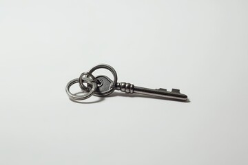 Single metal key with keyring on white background.