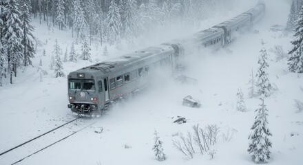 Snowy train journey through winter wonderland in remote forest