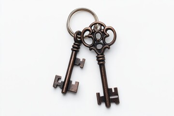 Two antique-style keys on a keyring against a white background. (1)