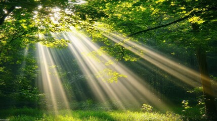 Fototapeta premium A serene forest scene with sunlight filtering through the trees -