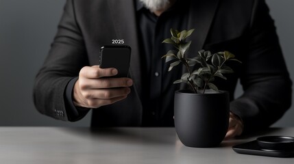 Professional Using Smartphone to Set 2025 Reminders for Key Events