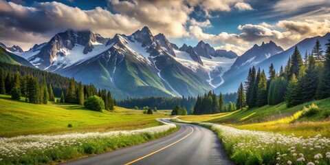Naklejka premium Scenic winding road through a vibrant alpine meadow, bordered by wildflowers and majestic snow-capped mountains under a dramatic sky