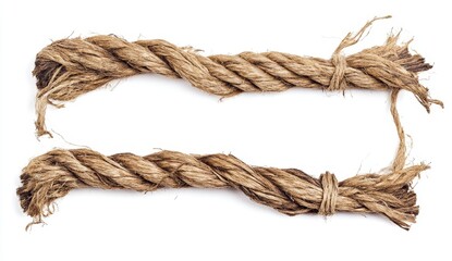 Two parallel hemp ropes with frayed ends, isolated on white.