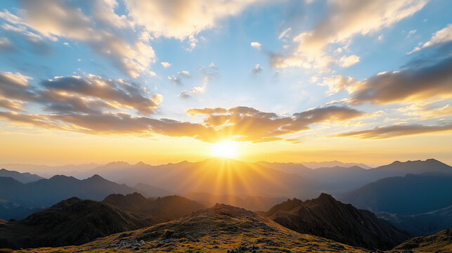 Breathtaking sunrise over mountain peaks with vibrant clouds and sky - Powered by Adobe