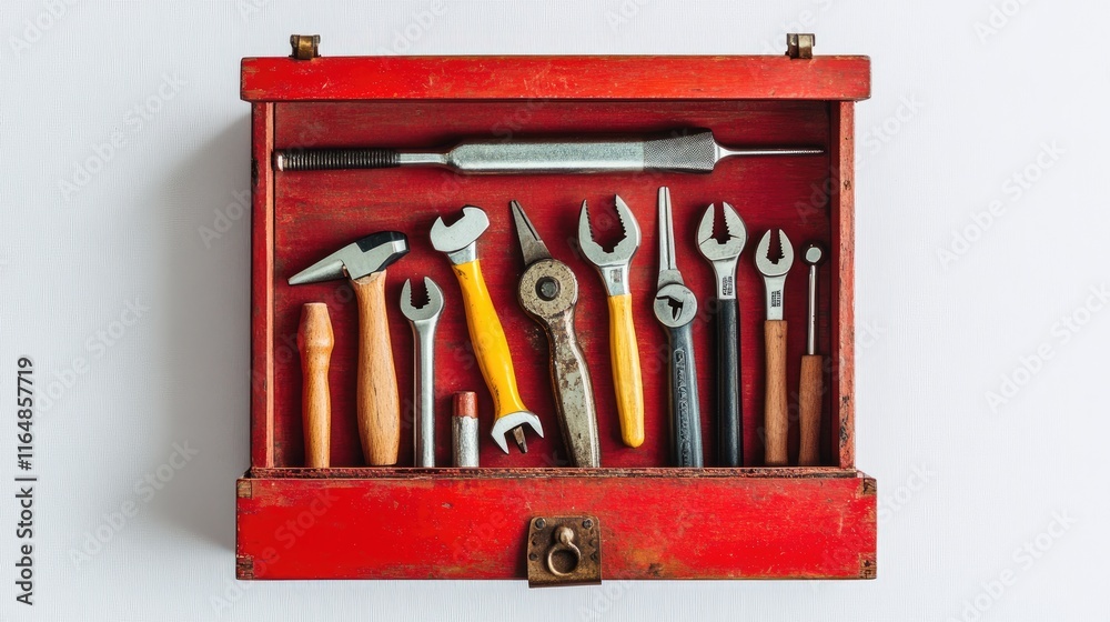 Poster A bright red wooden toolbox open, displaying a variety of tools inside, centered on a white background, capturing a simple and effective design