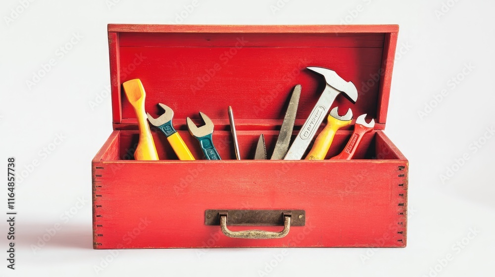 Poster A bright red wooden toolbox open, displaying a variety of tools inside, centered on a white background, capturing a simple and effective design