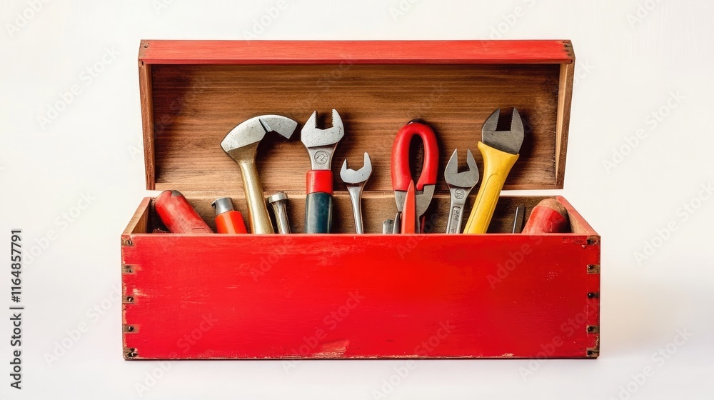 Poster A bright red wooden toolbox open, displaying a variety of tools inside, centered on a white background, capturing a simple and effective design