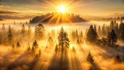 Obraz premium Golden Sunrise Illuminates Misty Evergreen Forest With Sunbeams