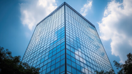 Low-angle photograph of a blue glass skyscraper facade, with reflections in the windows, against a sky with clouds