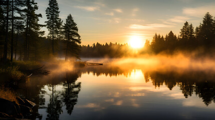 Fototapeta premium Misty Dawn: Serenity And Tranquility Reflected In The Mirroring Lake