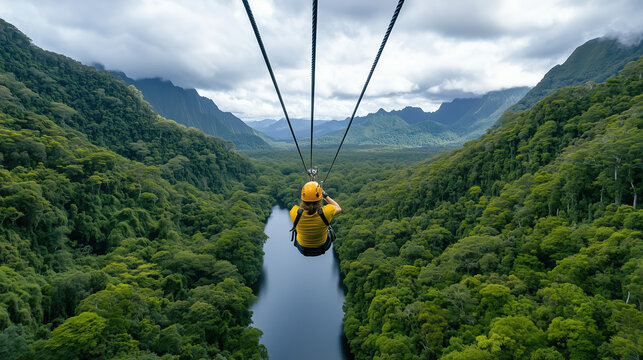 Soaring through lush green mountains on thrilling zip line adventure