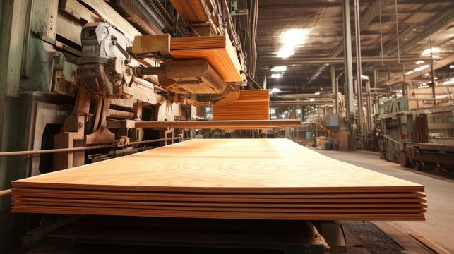 Large industrial press bonding multiple layers of wood veneers to create sturdy plywood sheets."