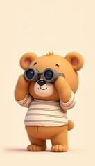Naklejka premium Teddy bear in striped shirt looking through binoculars.