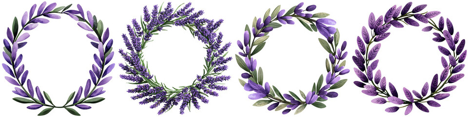 Watercolor lavender design and flower logo, Four decorative floral wreaths featuring purple leaves arranged in circular patterns.