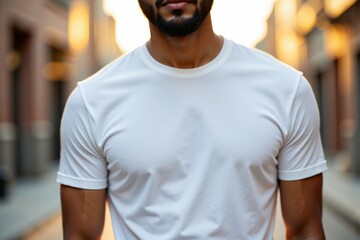 Fototapeta premium Fit Man in White T-Shirt Mockup Standing on Urban Street at Sunset