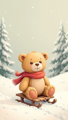 Teddy bear on a sled in snowy forest scenery