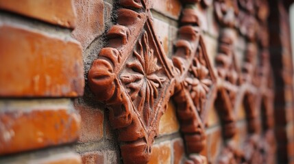 A close-up of a red ceramic brick gate with intricate brickwork, centered on a white surface, highlighting the craftsmanship and texture of the bricks