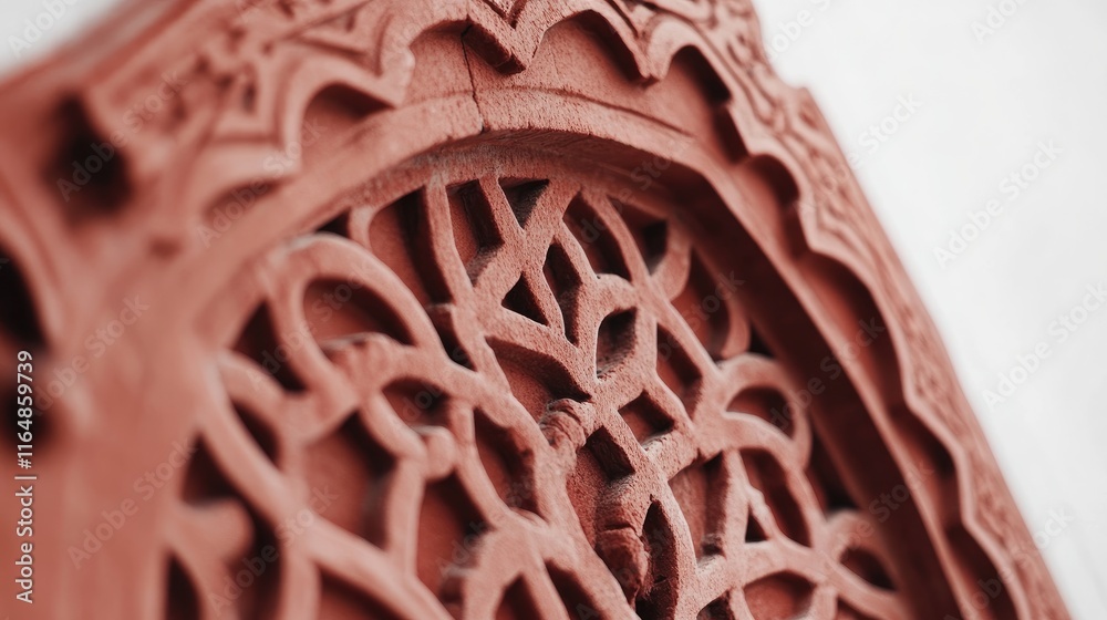 Poster A close-up shot of a red ceramic brick gate with intricate brick patterns, centered on a white background, emphasizing its detailed craftsmanship and texture