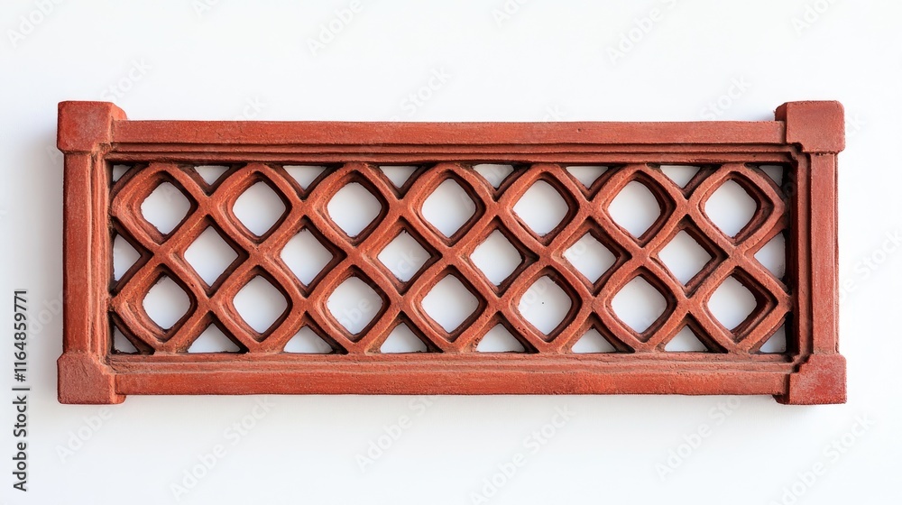 Poster A close-up shot of a red ceramic brick gate with intricate brick patterns, centered on a white background, emphasizing its detailed craftsmanship and texture