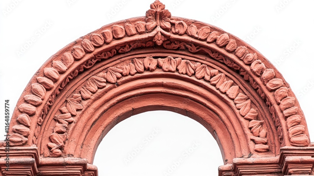 Poster A close-up shot of a red ceramic brick gate with intricate brick patterns, centered on a white background, emphasizing its detailed craftsmanship and texture