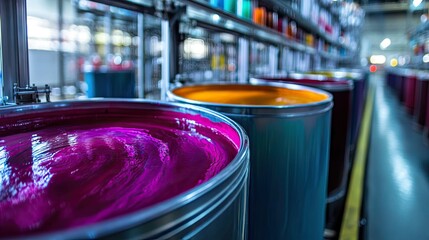 Massive mixing vats blending vibrant pigments and chemicals in a clean and modern wall paint manufacturing factory."