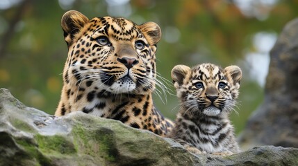 Naklejka premium A majestic leopard and its adorable cub posed on a rocky surface, showcasing their elegant fur patterns and expressive eyes in a natural setting.