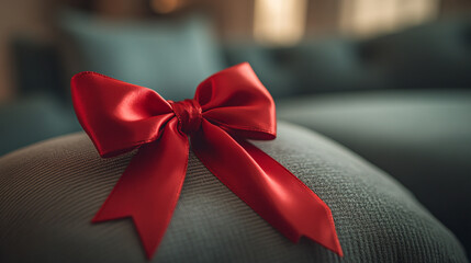 A large, vibrant red gift ribbon bow tied neatly on top of a luxurious gift box.
