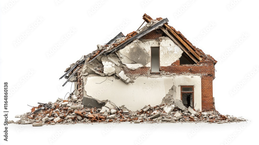 Poster a collapsed building, viewed from the side, with crumbled bricks and broken windows, isolated on a w
