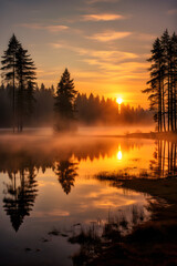 Fototapeta premium Misty Dawn: Serenity And Tranquility Reflected In The Mirroring Lake