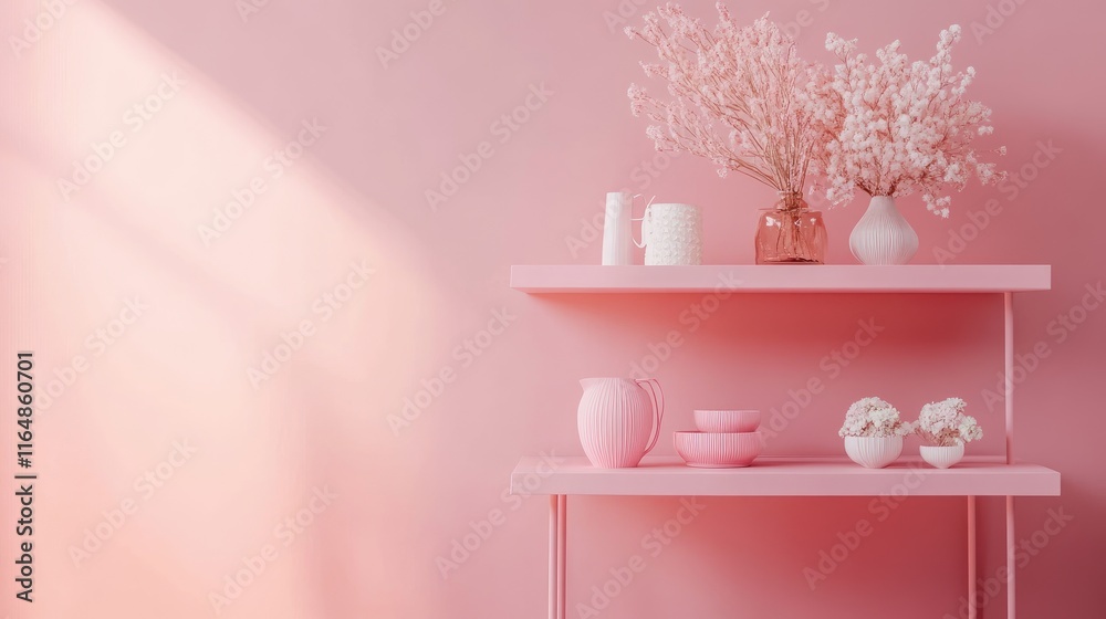 Poster a cute, modern pink shelf and table setup in a soft pink room, adding a touch of personality and cha