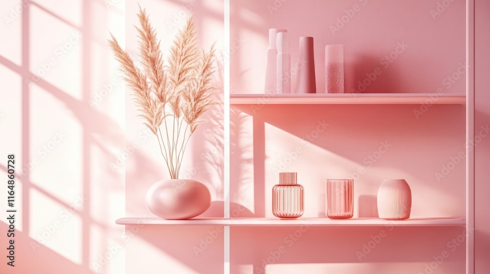 Poster a cute, modern pink shelf and table setup in a soft pink room, adding a touch of personality and cha