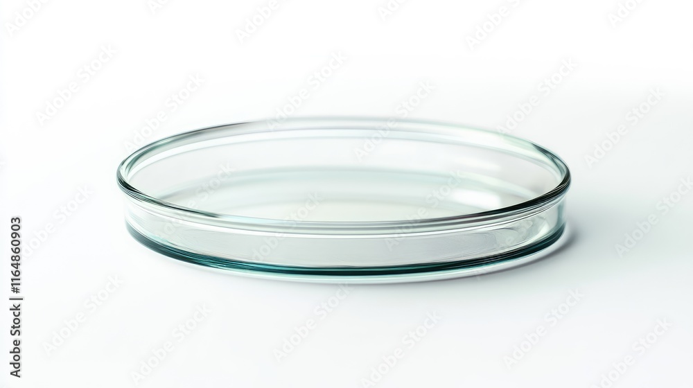 Poster a detailed side profile of a glass petri dish with precise features, isolated on a clean white backg