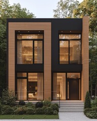 Stunning Contemporary House Design Featuring Dark and Wooden Finishes, Surrounded by Lush Greenery and Large Windows for Natural Light and Aesthetic Appeal.