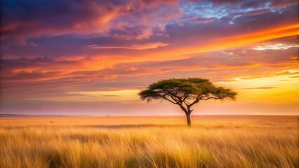 Fototapeta premium Serene Sunset Landscape Solitary Tree in Golden Grassland under Vibrant Sky