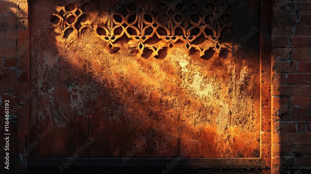 Aufkleber a detailed view of a red brick wall with intricate patterns and aged textures, illuminated by soft l