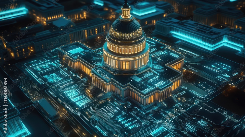 Poster a digital, circuit board version of the u.s. capitol building, illuminated with internal and surroun