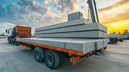 Precast concrete slabs being loaded onto flatbed trucks in a busy plant shipping area."