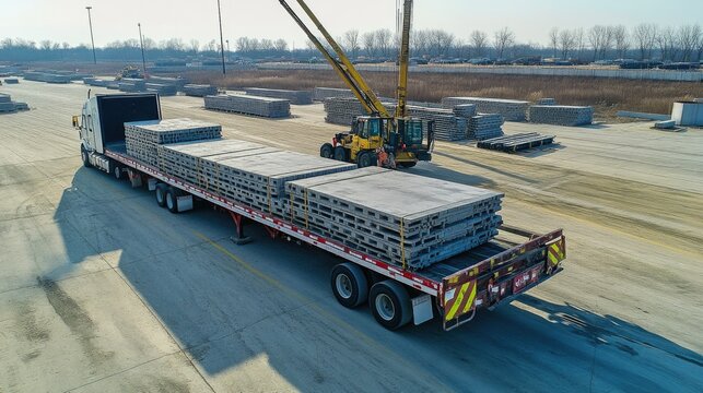 Precast concrete slabs being loaded onto flatbed trucks in a busy plant shipping area."
