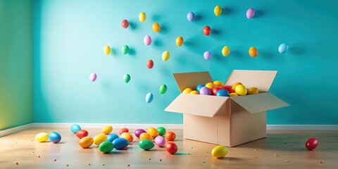 Colorful Eggs Falling into a Cardboard Box on a Light Wood Floor