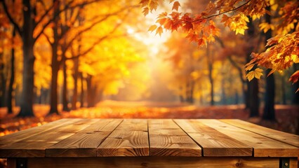 Golden autumn leaves and a rustic wooden table in a sunlit park