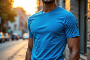 Fit Man in Blue T-Shirt Mockup Standing on Urban Street at Sunset