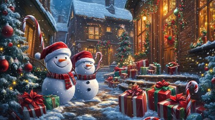 A festive holiday scene with snowmen in red hats, candy canes, and wrapped Christmas gifts, creating a joyful atmosphere filled with holiday cheer